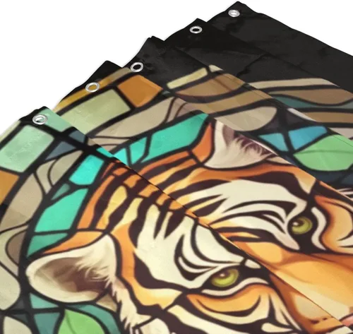Miniatura 3 de YLATY4067 - Cortina de ducha de tigre para baño, diseño de hojas de flores, arte de vidrio, bohemio, tela abstracta, moderna, impermeable