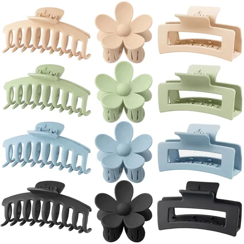Pinzas Grandes para Cabello Tipo Garra, Paquete de 12, Pinzas para Cabello con Flores para Cabello Fino, Grande Cuadrado Mate Sujeción Fuerte para