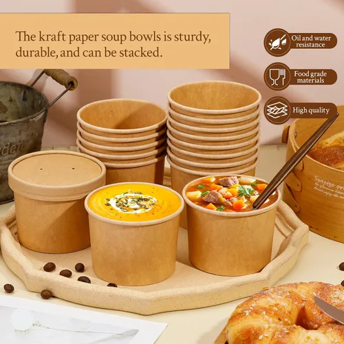 Miniatura 4 de Paquete de 50 recipientes de sopa de 12 onzas con tapas, cuencos de sopa de papel desechables, cuencos para llevar con tapas, cuencos de postre