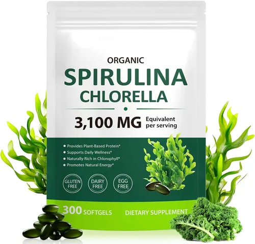 Spirulina & Chlorella Supergreens Softgels, mezcla de Supergreens 17 en 1, proteína a base de plantas, naturalmente rica en clorofila, sin gluten,