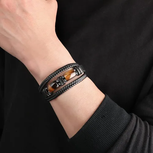 Miniatura 3 de Pulseras de cuero trenzado negro con ojo de tigre para hombre, hijo, nieto, novio, papá, marido, regalos para hombres, Navidad, cumpleaños, día