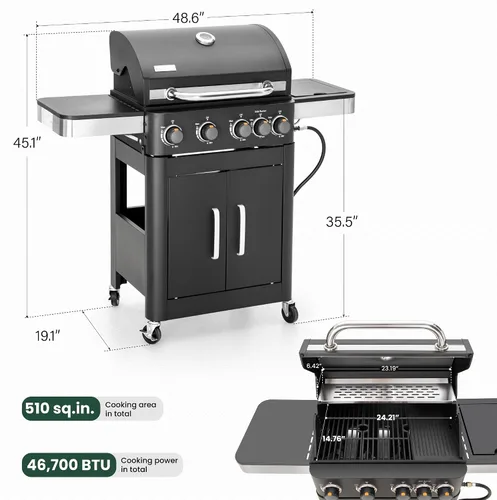 Miniatura 5 de Parrilla de Barbacoa de Gas Propano 2 en 1 con Quemador Lateral y Rejilla de Hierro Fundido Esmaltada en Porcelana, Plancha Plana de 4 Quemadores