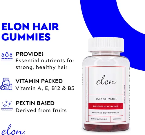 Miniatura 2 de Elon Gomitas de biotina para el crecimiento del cabello – 60 unidades de biotina 5000 mcg por porción para cabello, piel y uñas – Vitamina A, ácido