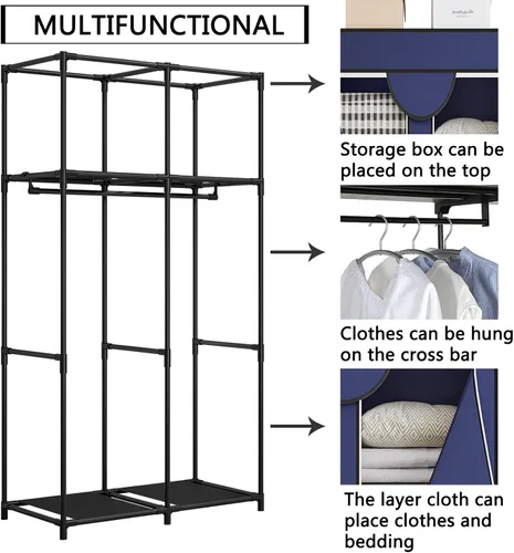Miniatura 7 de Organizador de ropa portátil de 34 pulgadas con estantes de metal y tela no tejida, organizador de almacenamiento duradero para dormitorio