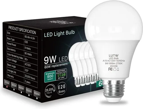 Miniatura 8 de Bombillas LED A19 E26, 60 W Eqv, 9 W, 2700 K, no regulables, paquete de 6 900 lúmenes, luz blanca cálida, ideal para iluminación de dormitorio