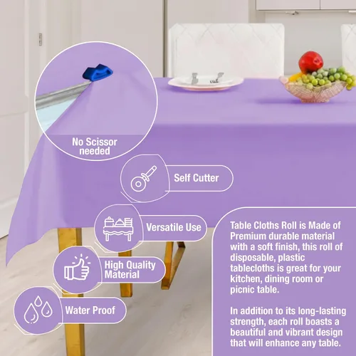 Miniatura 3 de Rollo de mantel de plástico morado para fiestas, fundas desechables de 12 mesas rectangulares de picnic para bodas, aniversarios, cumpleaños