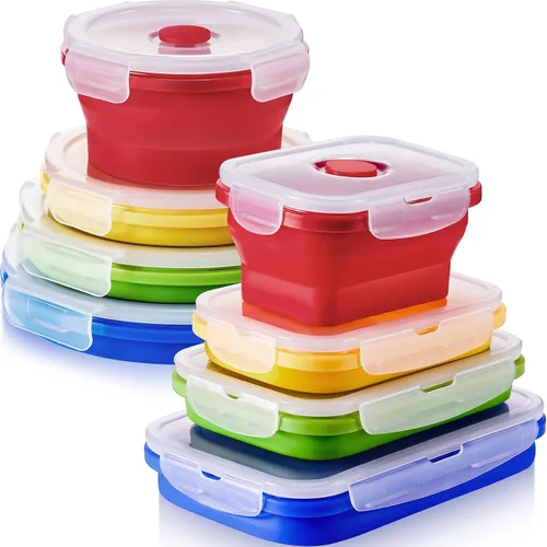 Miniatura 7 de Zopeal - 8 recipientes plegables de almacenamiento de alimentos de silicona con tapas, 4 tazones plegables de silicona rectangulares y 4 cuencos Azul