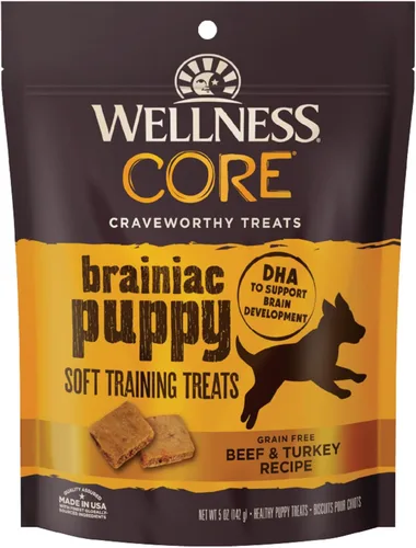 Wellness CORE - Golosinas para cachorros, naturales, golosinas de entrenamiento, sin granos, carne de res Brainiac y pavo (bolsa de 6 onzas)
