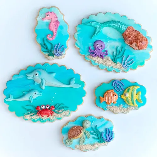 Miniatura 7 de Moldes de silicona para fondant de peces de tortuga marina, 4 paquetes de moldes de chocolate con delfín de coral marino para decoración de Pescado