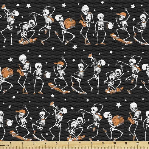 Miniatura 137 de Ambesonne The Yard, tela de calavera colorida con temática de Halloween, diseño de calavera y huesos cruzados, divertido estampado de dibujos
