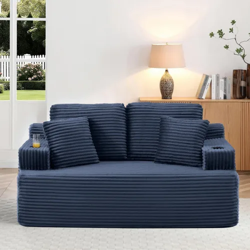 Miniatura 47 de Sofá sin hueso de 66.5 pulgadas con portavasos y bolsillos laterales, sofá biplaza tapizado de tela de pana moderna con 2 almohadas para sala