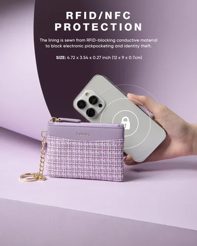 Miniatura 4 de Monedero delgado con llavero minimalista con cremallera bolsa de cambio billetera Rfid bloqueo tarjeta de crédito cartera, Púrpura, Minimalista