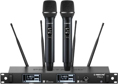 Phenyx Pro Sistema de Micrófono Inalámbrico de Doble Canal, Micrófonos Dinámicos con Bloqueo de ID, Nivel de Potencia Ajustable, Escaneo Automático,