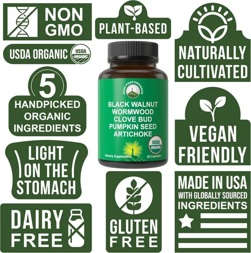 Miniatura 2 de USDA Organic Wormwood Black Walnut Clove Cleanse for Humans. Suplemento de cápsulas de desintoxicación de eliminación + apoyo intestinal