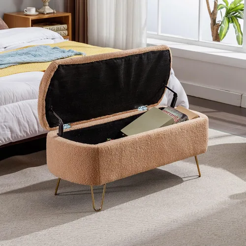 Miniatura 13 de Polibi Banco de almacenamiento, banco otomano de piel sintética con patas doradas, acolchado tapizado con almacenamiento para lado de la cama, Azul