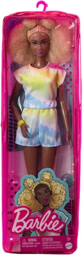 Miniatura 7 de Barbie Fashionistas - Muñeca alta, afro rubia con bocanadas laterales, mameluco de teñido anudado, tenis, pulsera amarilla, juguete para niños de 3
