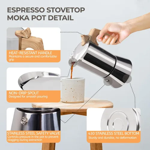 Miniatura 5 de Cafetera Moka de 2 Tazas sin Recubrimiento de Acero Inoxidable Grueso 304, Cafetera Espresso para Estufa, Cafetera Italiana Clásica para Preparar