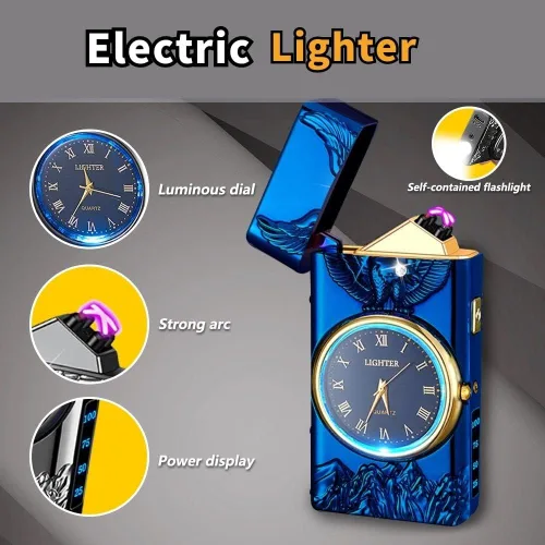 Miniatura 8 de Encendedor de Plasma de Doble Arco con Reloj Eléctrico, Recargable por USB con Pantalla de Batería, Reloj y Linterna - Regalo Único para Hombres