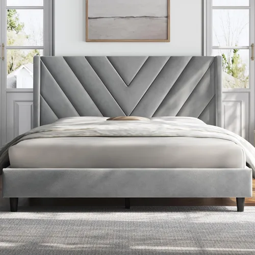 Miniatura 12 de Yaheetech Base de cama tamaño Queen con plataforma tapizada con cabecera con lados en forma de ala/soporte de listones de madera/cabecera tapizada