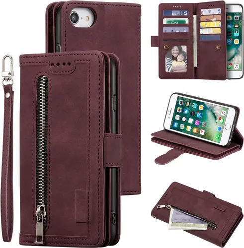 Miniatura 24 de UEEBAI Funda tipo cartera para iPhone SE 2022 5G/iPhone 7/iPhone 8/iPhone SE 2020, retro con 9 ranuras para tarjetas, bolsillo con cremallera, funda
