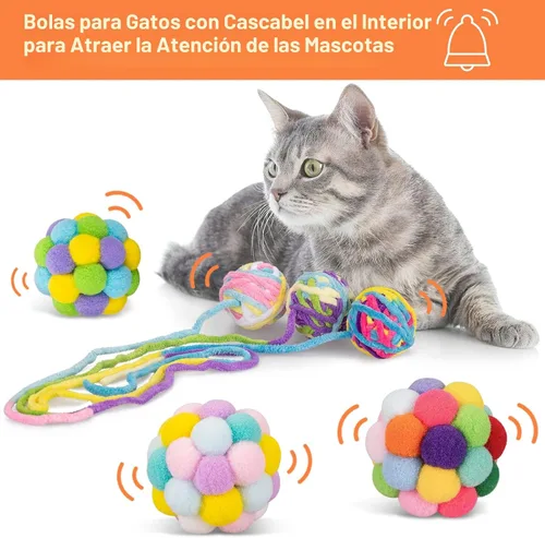 Miniatura 2 de Retro Shaw Pelotas de juguete para gatos, 6 bolas de hilo de lana para gatos con campanas en el interior, juguetes interactivos para gatos