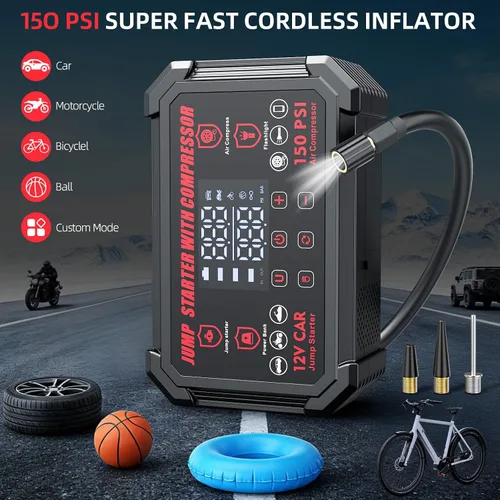 Miniatura 3 de Arrancador de salto con compresor de aire, batería de coche portátil de pico de 4000 A con inflador de neumáticos de apagado automático de 150 PSI