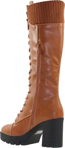 Miniatura 4 de Generation Y Botas de combate hasta la rodilla para mujer, con cordones, tacón grueso, cierre de cremallera