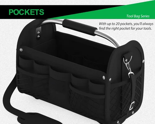 Miniatura 6 de Bolsa de herramientas de 16 pulgadas, bolsa de mano con parte superior abierta y correa, bolsa de herramientas impermeable para electricista, Negro