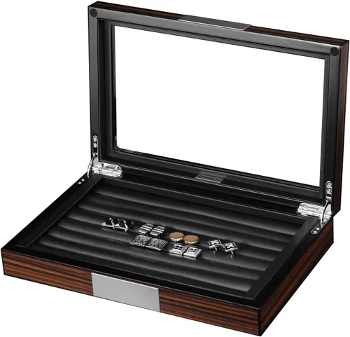 Miniatura 7 de Caja de gemelos de madera con ventana de cristal para gemelos, organizador de anillos y caja de gemelos para hombres con capacidad para 36-46 pares