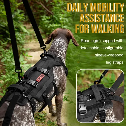 Miniatura 3 de OneTigris Arnés de elevación para perros grandes, soporte de cadera para perros, elevador de cuerpo completo con asas Invictus Chaleco Negro