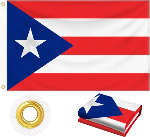 Bandera de Puerto Rico 3x5 pies al aire libre, tela de poliéster 210D resistente | Estrella bordada y cuatro hileras de costura en los extremos con