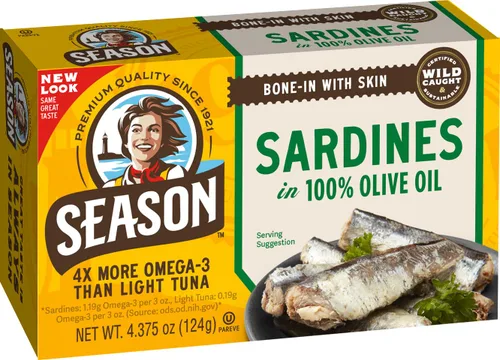 Miniatura 14 de Season Sardinas en aceite de oliva – capturadas en la naturaleza, 0.78 oz de proteína, bocadillos Keto, más Omega 3 que atún, Kosher, alto