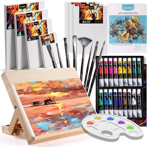 koseibal Juego de arte acrílico con 18 pinturas acrílicas, 8 pinceles, 4 lienzos estirados, 1 caballete de madera, etc., kit de suministros de