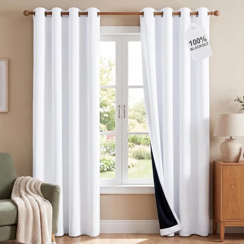 NICETOWN Paneles de cortina de ventana 100 % opacos, cortinas de bloqueo de calor y luz completa con forro negro para guardería, cortinas con Blanco