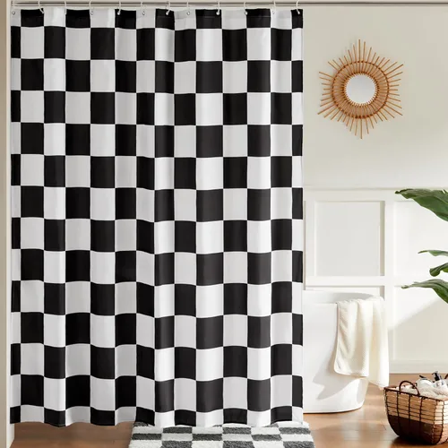 Ohocut Cortina de ducha a cuadros, cortinas de ducha en blanco y negro para baño, bonita cortina de ducha retro de tablero de ajedrez, estética