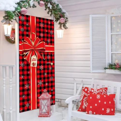 Miniatura 5 de Cartel de Navidad para puerta, decoración de Feliz Navidad, búfalo a cuadros rojos y negros, telón de fondo de caja de regalo de Navidad, lazo