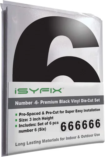 Miniatura 77 de iSYFIX Calcomanías de vinilo negro con el número 7 (siete), paquete de 6 calcomanías autoadhesivas de 7 pulgadas, calcomanías troqueladas y Negro