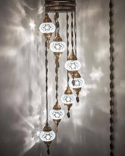 DEMMEX Candelabro de mosaico turco marroquí enchufable de 7 globos – Lámpara de techo estilo Tiffany, lámpara colgante colgante, iluminación bohemia