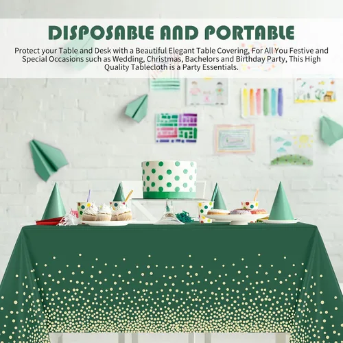 Miniatura 5 de Tegeme Paquete de 4 manteles de plástico verde y dorado para fiestas, manteles desechables de graduación, Ramadán Mubarak, decoración con lunares