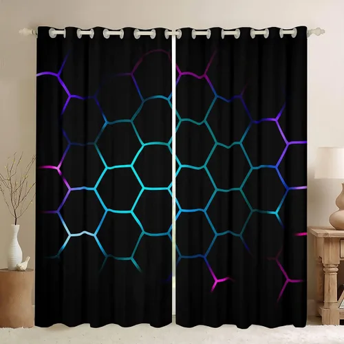 Miniatura 24 de Feelyou - Cortinas de ventana en forma de panal, tema geométrico hexagonal con luces de neón verdes, para chicos adolescentes y hombres, elegante