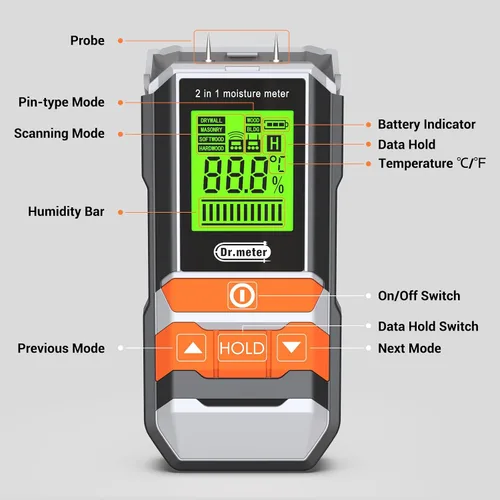 Miniatura 7 de Dr.meter Medidor de Humedad de Madera, 2 en 1 Probador de Humedad con y sin Punta, Sensor Digital de Humedad para Madera, Leña, Yeso, Papel, Piso