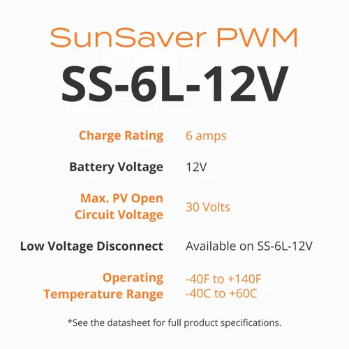 Miniatura 5 de Morningstar SunSaver 6A PWM Controlador de carga solar (SS-6L-12V) - Regulador de panel solar para baterías de 12V, carga de batería de cuatro