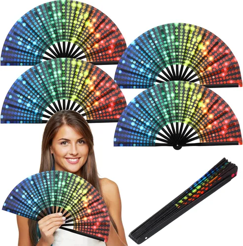 Geetery Abanico grande plegable para rave para mujeres/hombres, fiesta de carnaval, arco iris, patrón de lentejuelas, orgullo, ventilador de mano,
