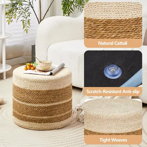Miniatura 4 de Wimarsbon Puf Otomano de 18'', Puf Trenzado Natural, Puf de Salón Rústico Tejido a Mano, Taburete Reposapiés Boho para Dormitorio, Mesa de Acento