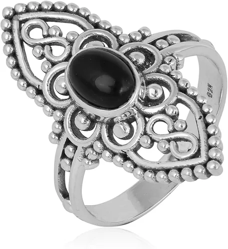 Miniatura 3 de Anillo ovalado de plata esterlina 925 con ónix negro y turquesa de 0.197 x 0.276 in, anillos de filigrana para mujer