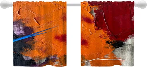 Miniatura 157 de Shrahala Beige and Orange Abstract Art Brushstrokes Blackout Curtain Tiers, Abstract Oil Paint Kitchen Valance Light Blocking Tier Drapes with Rod