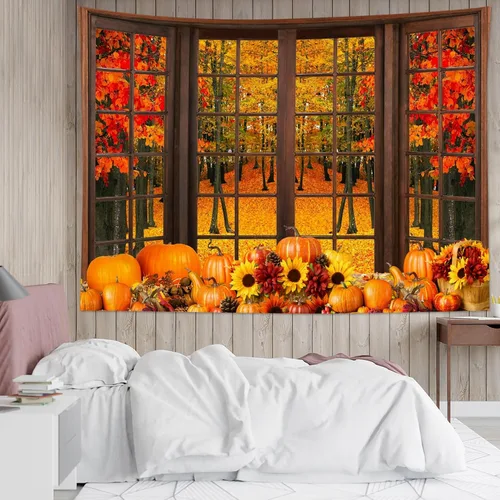Miniatura 21 de HVEST Tapiz de Halloween para colgar en la pared, esqueleto de terror, cráneo, cementerio, calabaza, farol, bosque muerto, tapiz nocturno