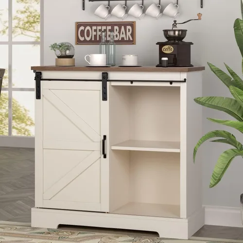 Miniatura 8 de Sophia & William Gabinete de barra de café para cocina, armario de almacenamiento de buffet con puerta corrediza de granero, 31.9 pulgadas de Roble
