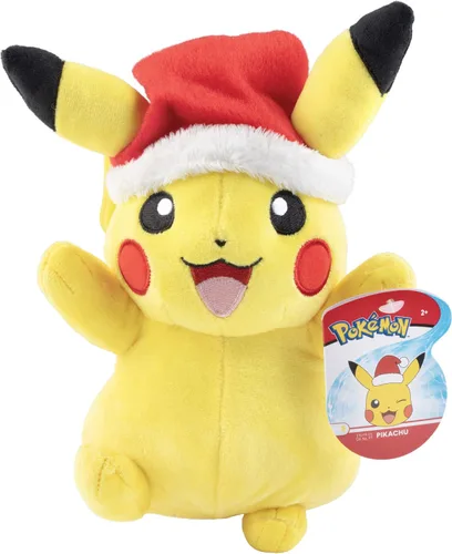 Pokémon Pikachu de peluche navideño de 8 pulgadas con accesorio de sombrero de Papá Noel, licencia oficial, generación 1, figura de juguete de