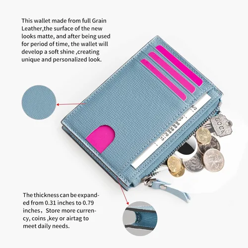 Miniatura 4 de Cartera delgada para mujer, pequeña cartera de cuero con bloqueo RFID, tarjetero minimalista con bolsillo frontal con monederos y bolsas, Azul